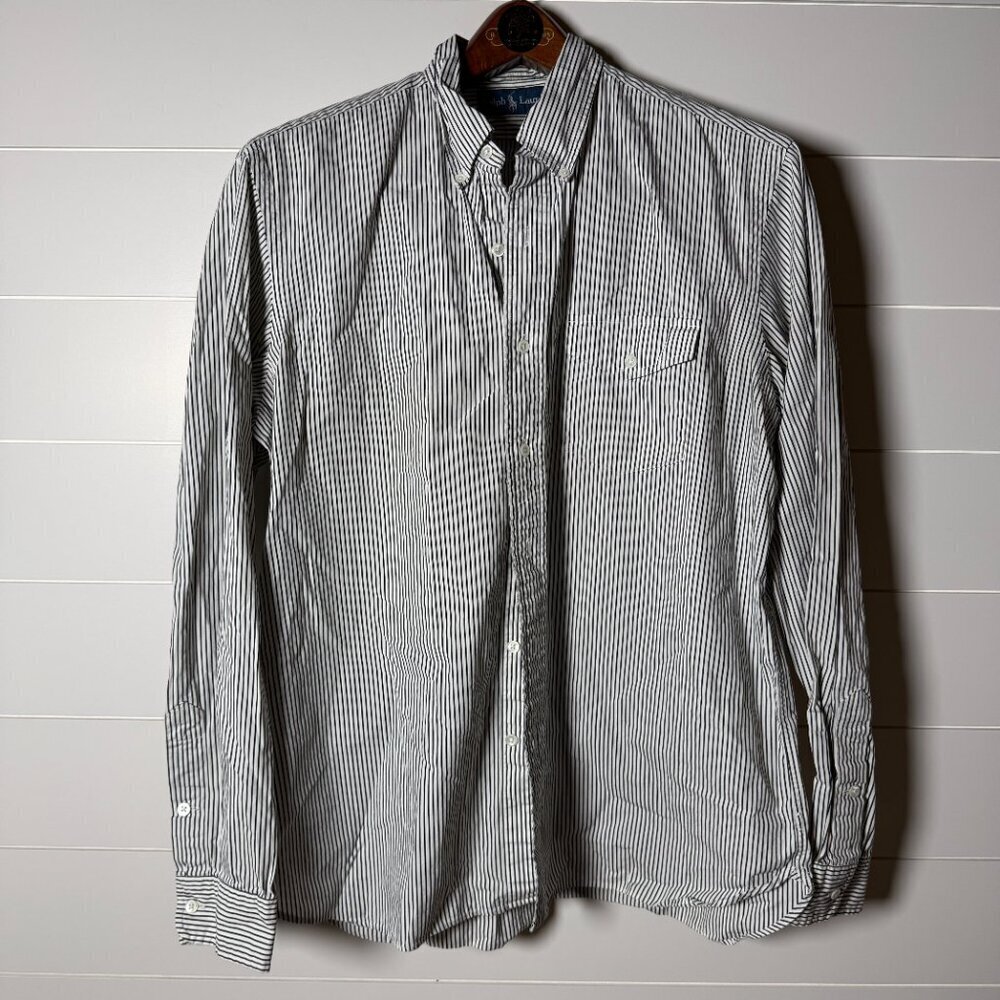Ralph Lauren Button Down 1 Front Pocket Back of Neck Button Stripe Black White L
